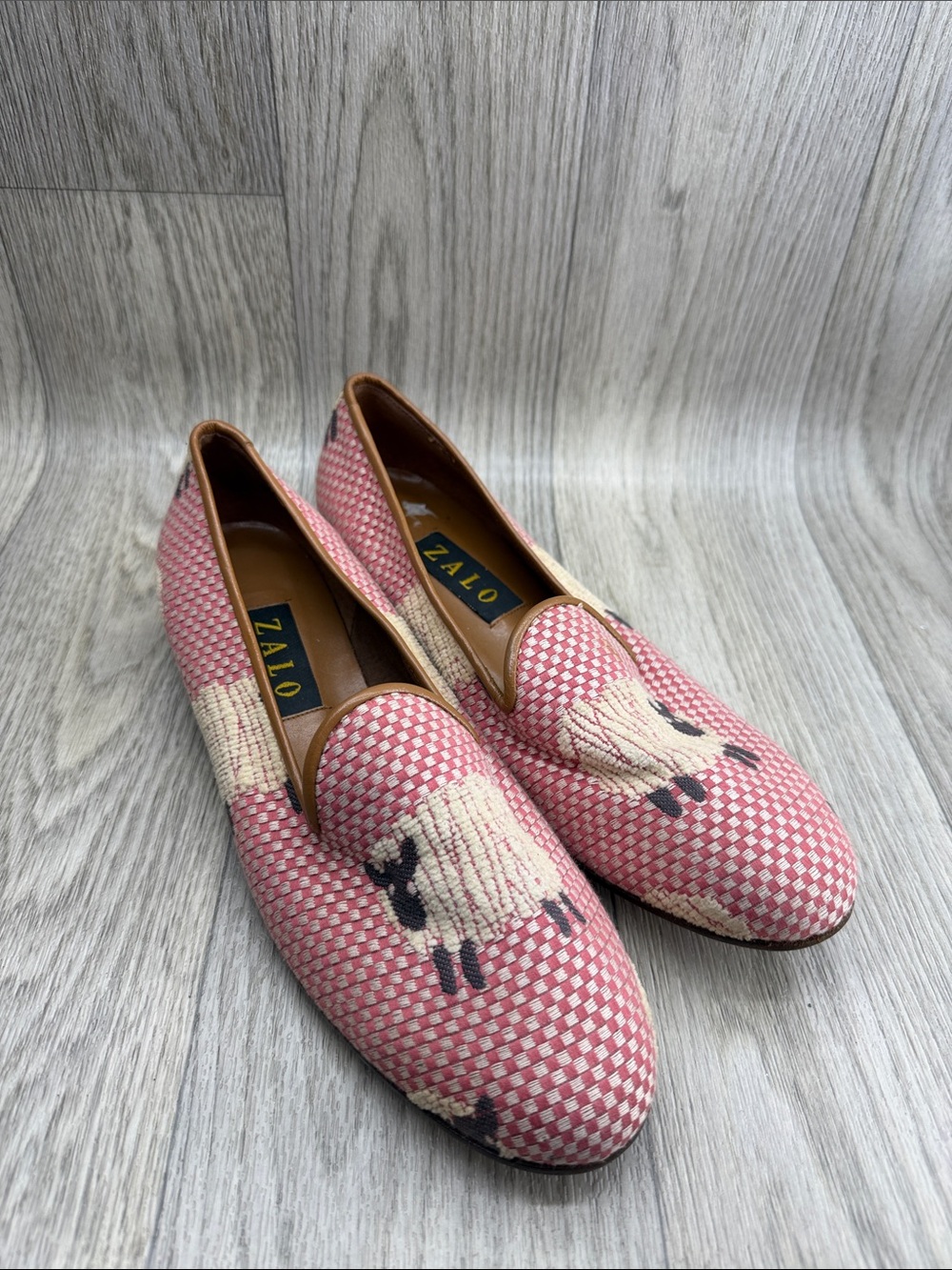Zalo Pink and Cream Woven Slip-On Loafers with Brown Trim